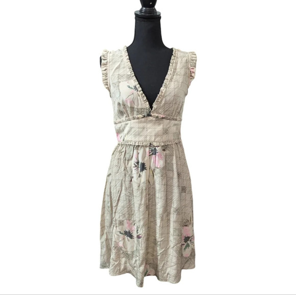 Re: Sound 100% SILK Floral Print Neutral Ruffle Mini V-Neck Blouson Dress Size S - Picture 2 of 12